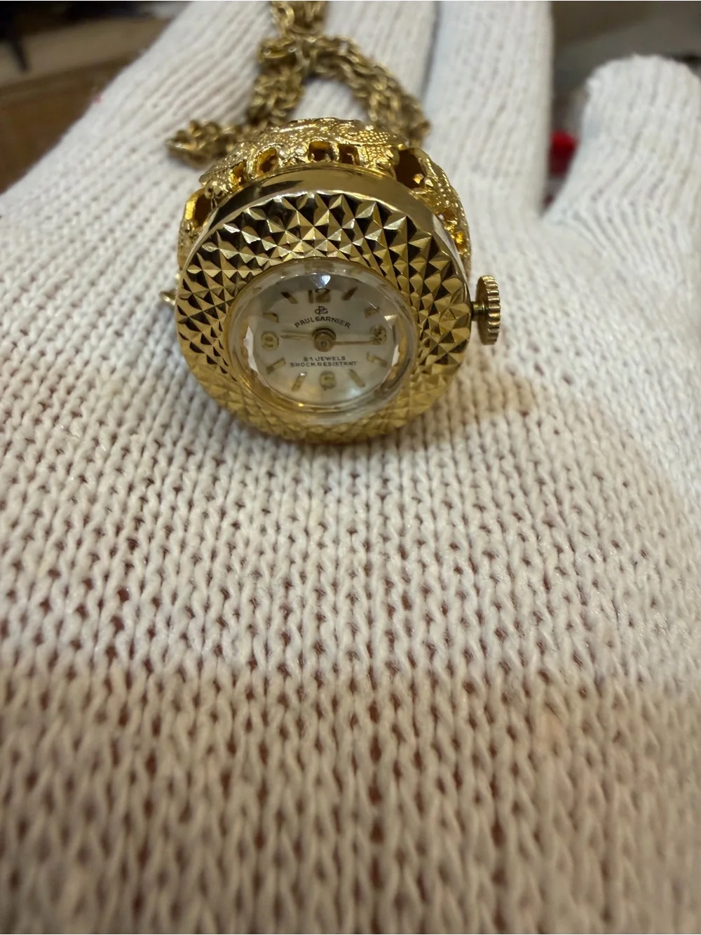 Vtg Paul Garnier 21 Jewels Pendant Watch Necklace Gold Tone Dome Cage Filigree